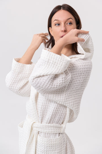 White linen waffle robe with hoodie - Linen Couture Boutique