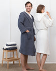 White linen waffle robe with hoodie - Linen Couture Boutique