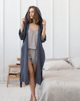 Asphalt Grey linen waffle robe with hoodie for men - Linen Couture