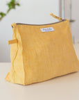 Cloudy Grey Stripe linen large makeup bag - Linen Couture