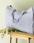 Ice Blue linen beach bag with pocket - Linen Couture