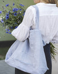Ice Blue linen beach bag with pocket - Linen Couture