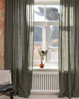 Linen curtain with pleating tape and crown in Safari green - Linen Couture
