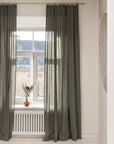 Linen curtain with pleating tape and crown in Safari green - Linen Couture