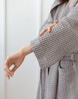 Navy Blue linen waffle robe with hoodie - Linen Couture