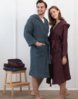 Navy Blue linen waffle robe with hoodie - Linen Couture