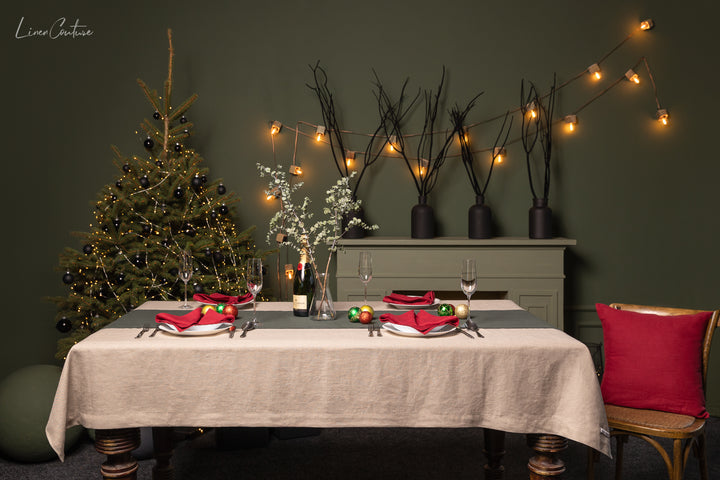 Christmas Dining Tablecloth, Natural Linen Tablecloth, Linen Couture