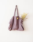 Linen beach bag with pocket and zipper in Pastel Plum - Linen Couture Boutique