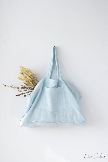 Linen beach bag with pocket and zipper in Baby Blue - Linen Couture Boutique