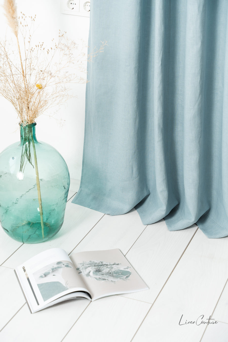 Greyish Mint linen curtain with tabs - Linen Couture Boutique