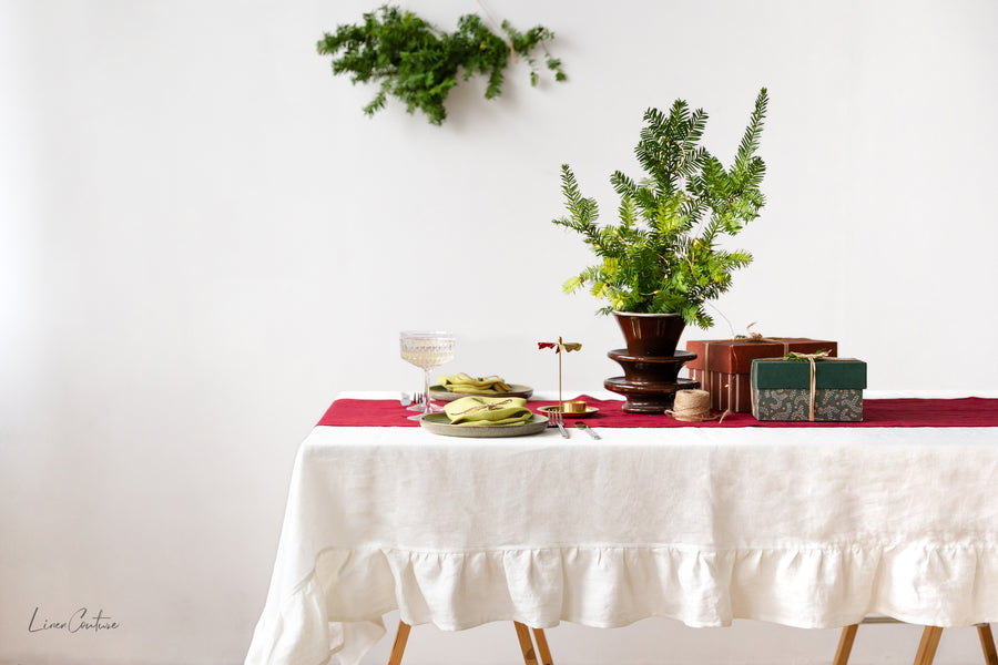 White linen tablecloth with ruffles - Linen Couture Boutique