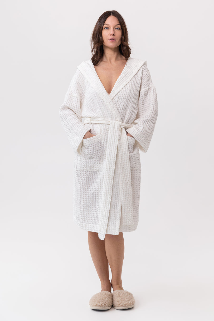 White linen waffle robe with hoodie - Linen Couture Boutique