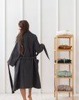 Grey linen waffle robe - Linen Couture Boutique