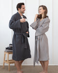 Light grey linen waffle robe with hoodie - Linen Couture Boutique