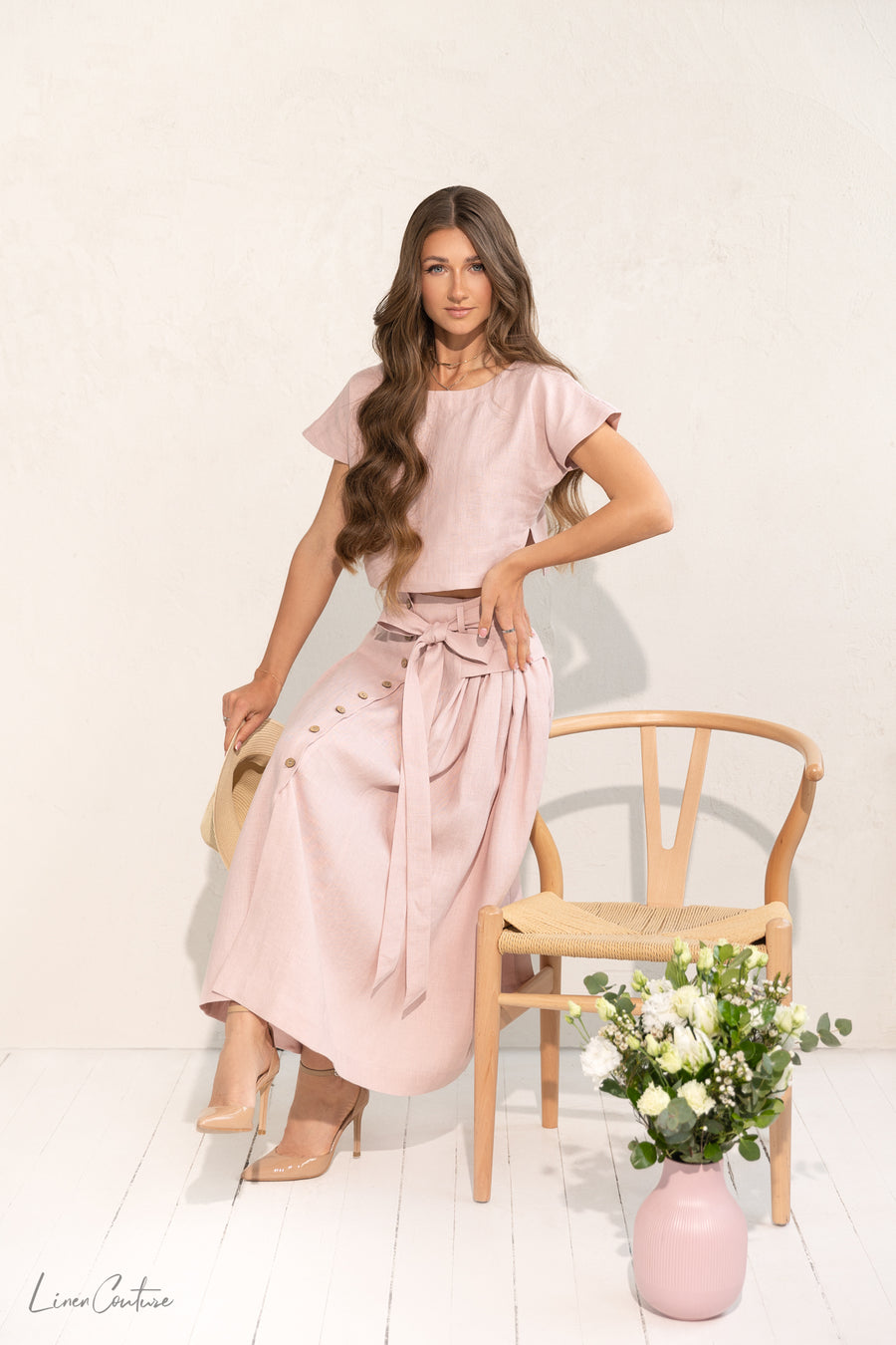 Taormina Pale Pink Linen Crop Top and Midi Skirt Set - Linen Couture Boutique