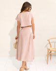 Taormina Pale Pink Linen Crop Top and Midi Skirt Set - Linen Couture Boutique