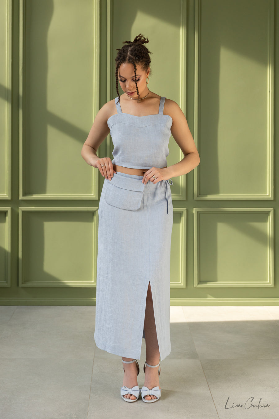 Bella Vita Set in Light Grey | Linen Crop Top and Midi Skirt - Linen Couture Boutique