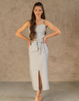 Bella Vita Set in Light Grey | Linen Crop Top and Flared Midi Skirt - Linen Couture Boutique