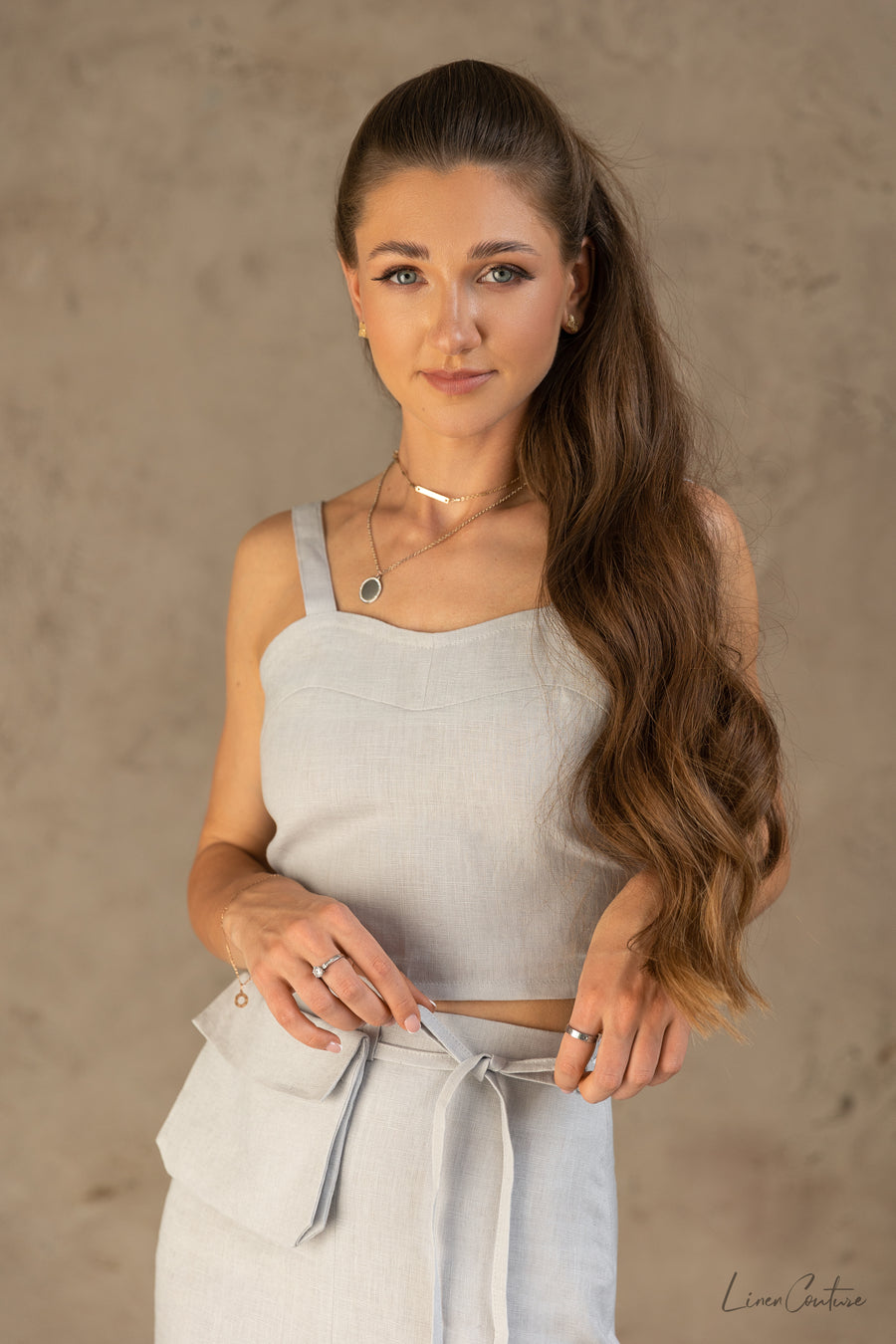 Bella Vita Set in Light Grey | Linen Crop Top and Flared Midi Skirt - Linen Couture Boutique