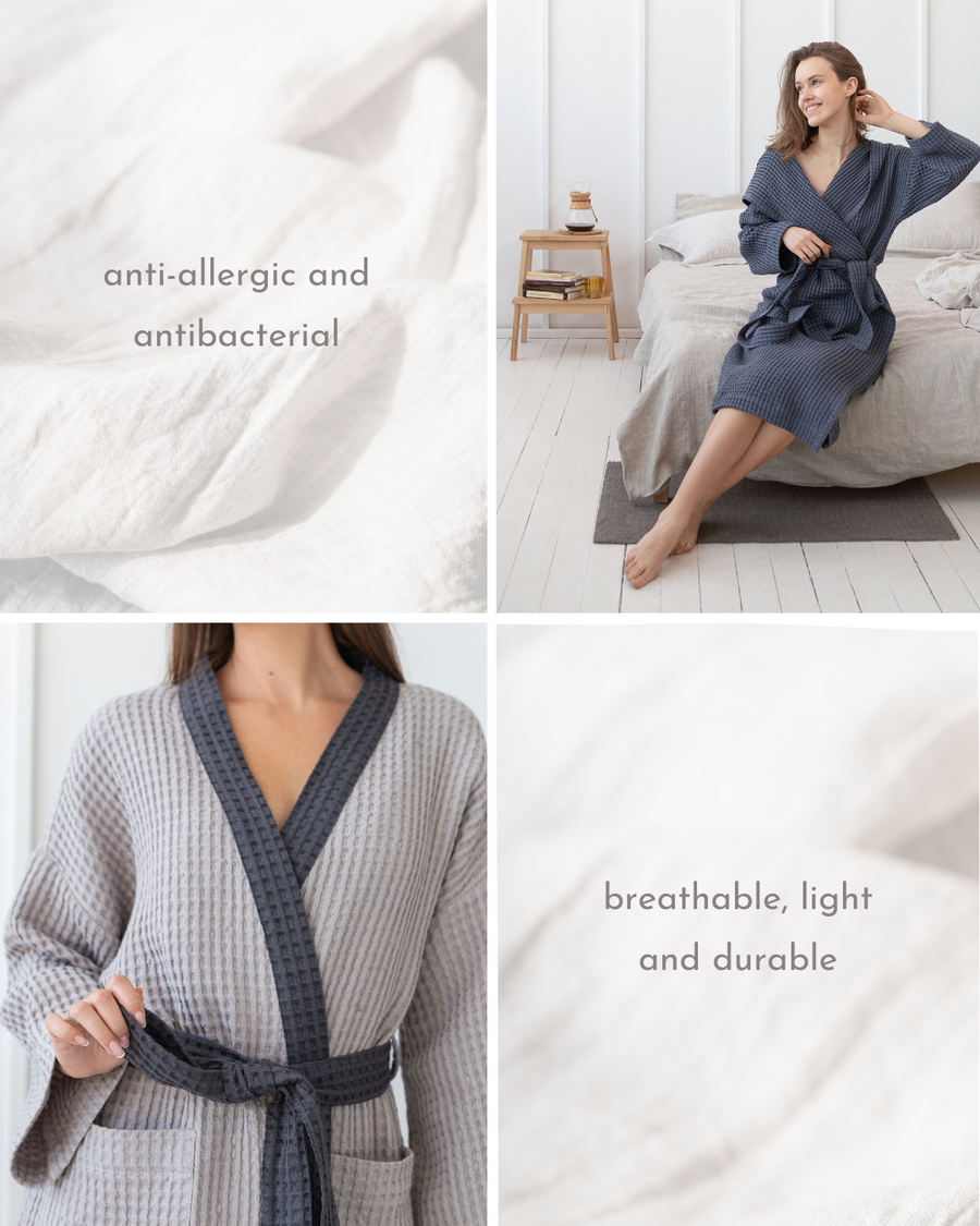 Light Grey and Grey linen waffle robe two tones - Linen Couture Boutique