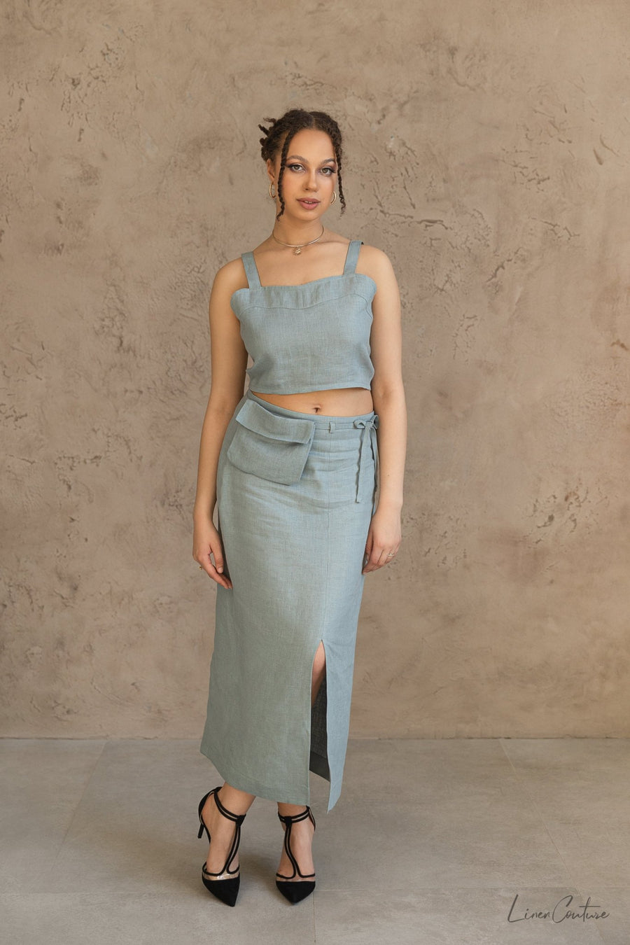 Bella Vita Set in Greyish Mint | Linen Crop Top and Midi Skirt - Linen Couture