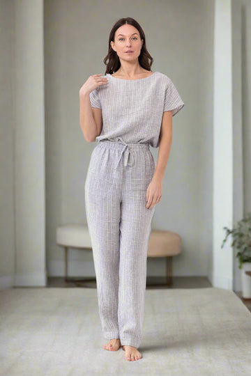 Cloudy Grey Stripe linen / Natural Linen Pajama set / Linen loungewear / Linen sleepwear - Linen Couture