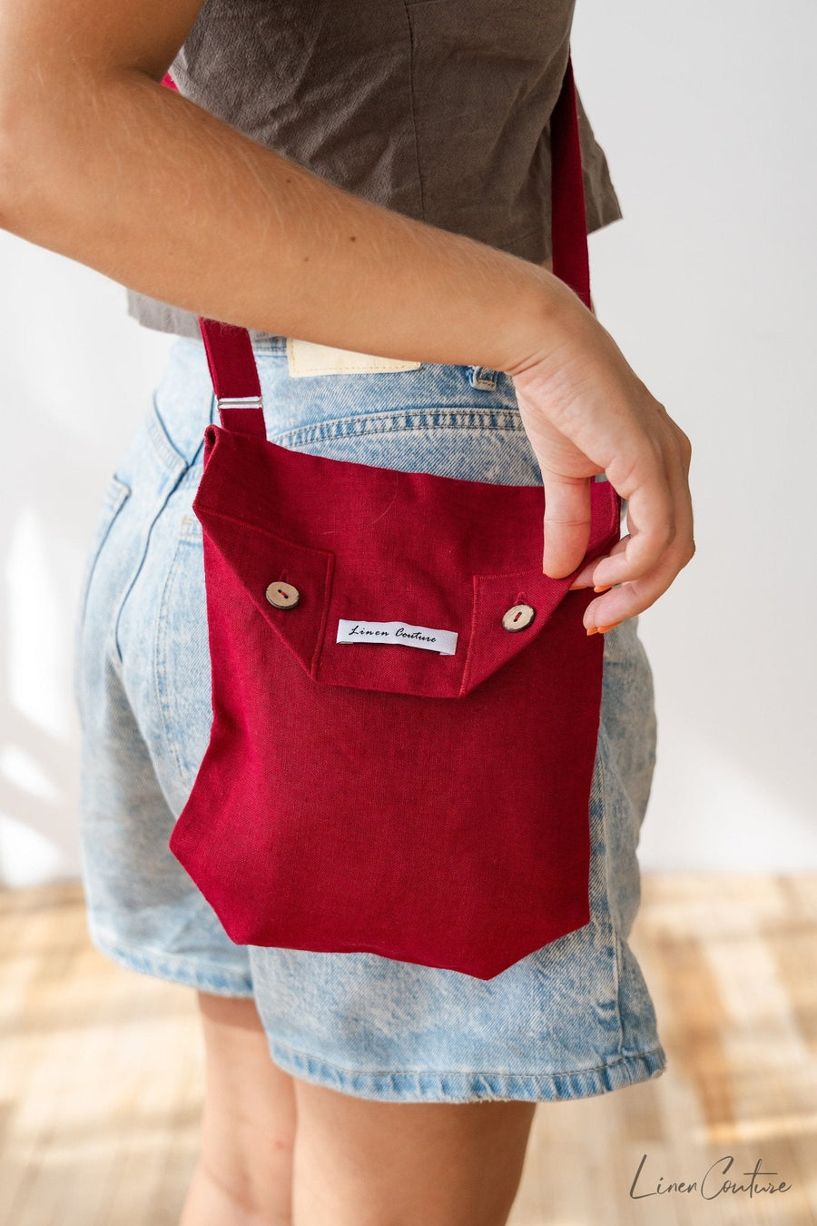 Cyclamen Red Linen Shoulder Bag with Coconut Buttons and Adjustable Strap - Linen Couture