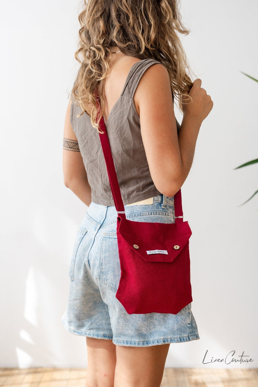 Cyclamen Red Linen Shoulder Bag with Coconut Buttons and Adjustable Strap - Linen Couture