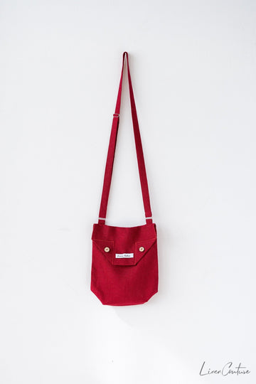Cyclamen Red Linen Shoulder Bag with Coconut Buttons and Adjustable Strap - Linen Couture