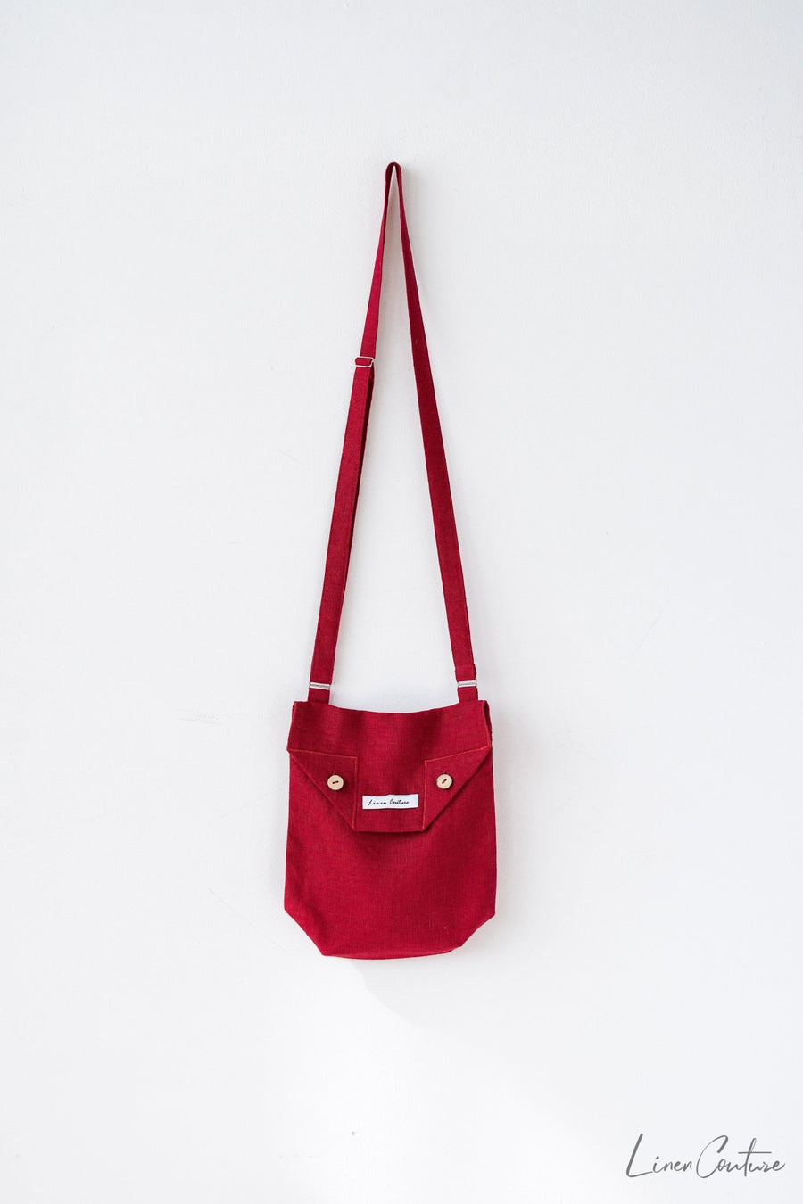 Cyclamen Red Linen Shoulder Bag with Coconut Buttons and Adjustable Strap - Linen Couture