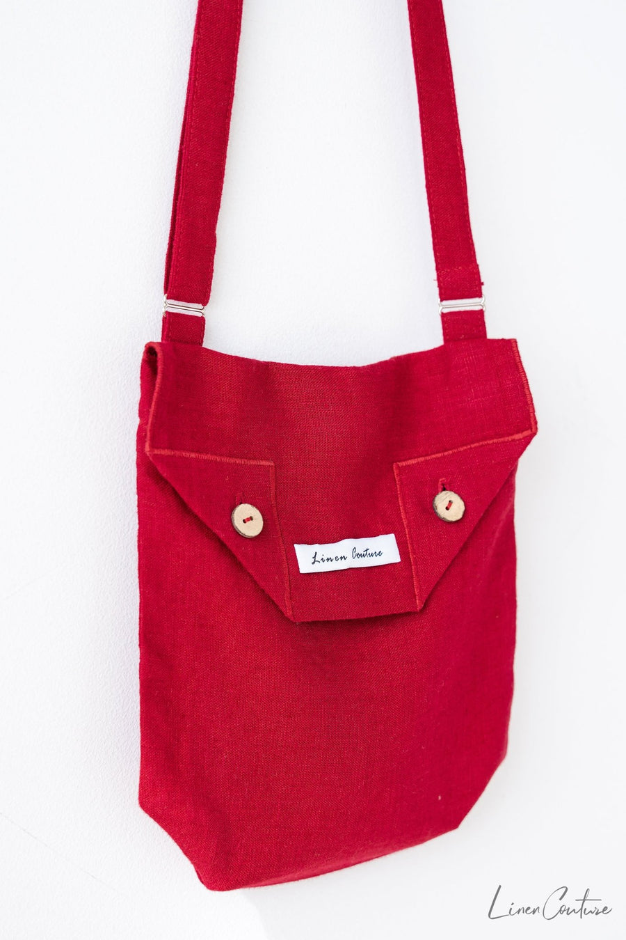 Cyclamen Red Linen Shoulder Bag with Coconut Buttons and Adjustable Strap - Linen Couture