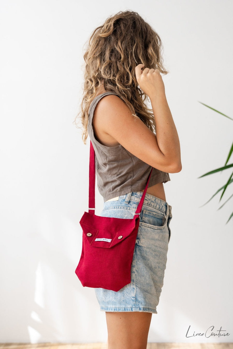 Cyclamen Red Linen Shoulder Bag with Coconut Buttons and Adjustable Strap - Linen Couture