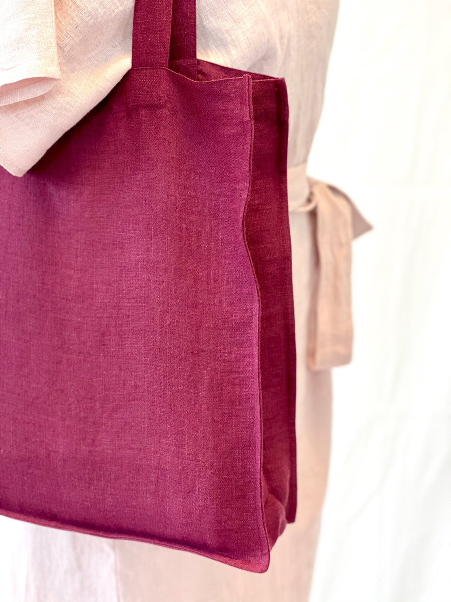 Dark Plum linen tote bag with embroidery - Linen Couture