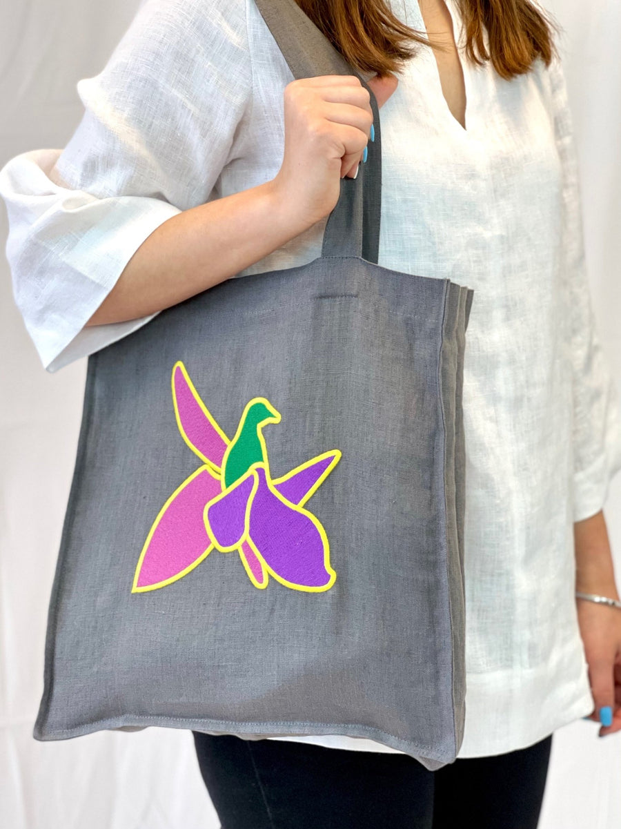 Dark Plum linen tote bag with embroidery - Linen Couture