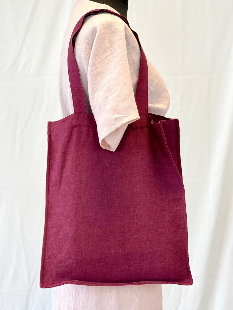 Dark Plum linen tote bag with embroidery - Linen Couture