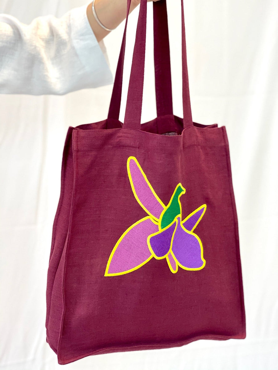Dark Plum linen tote bag with embroidery - Linen Couture