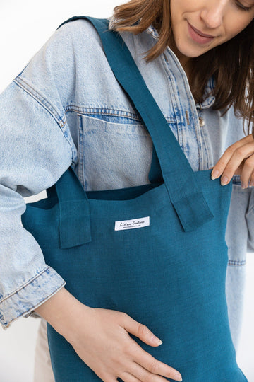 Dark Sea Blue linen large tote bag - Linen Couture