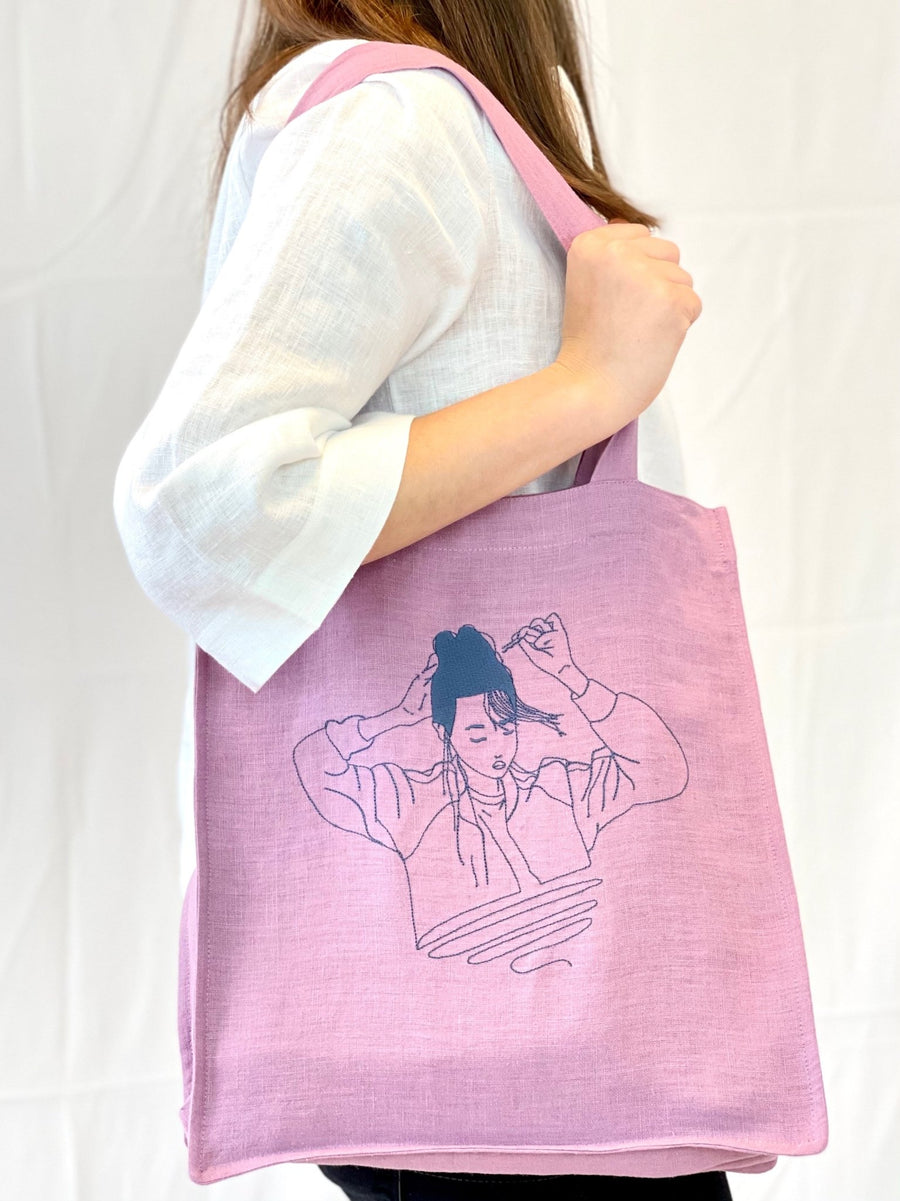 Deep Rose linen tote bag with embroidery - Linen Couture