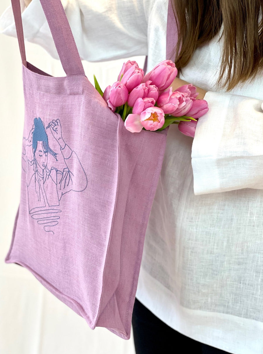 Deep Rose linen tote bag with embroidery - Linen Couture