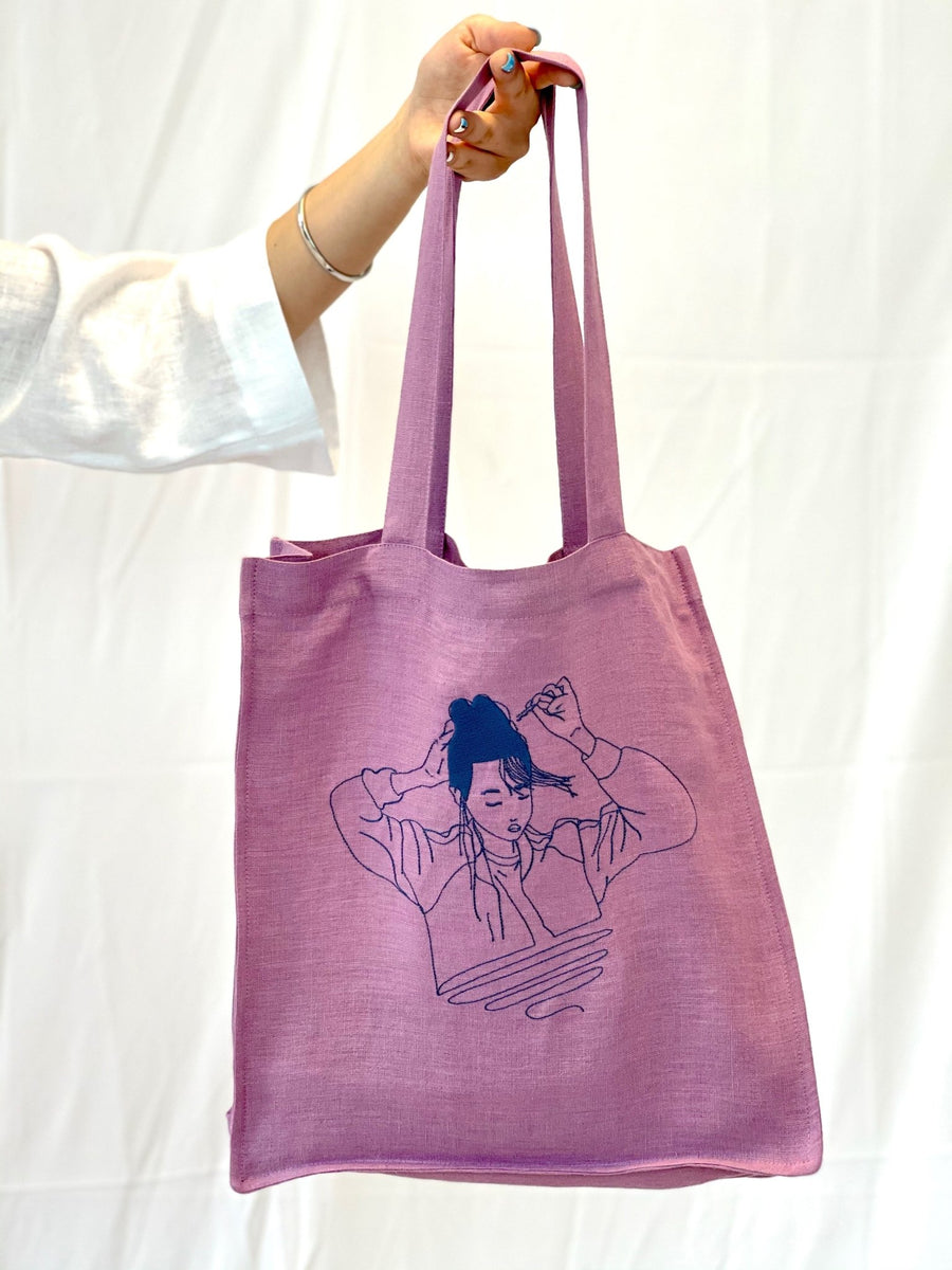 Deep Rose linen tote bag with embroidery - Linen Couture