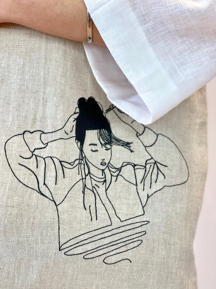 Deep Rose linen tote bag with embroidery - Linen Couture