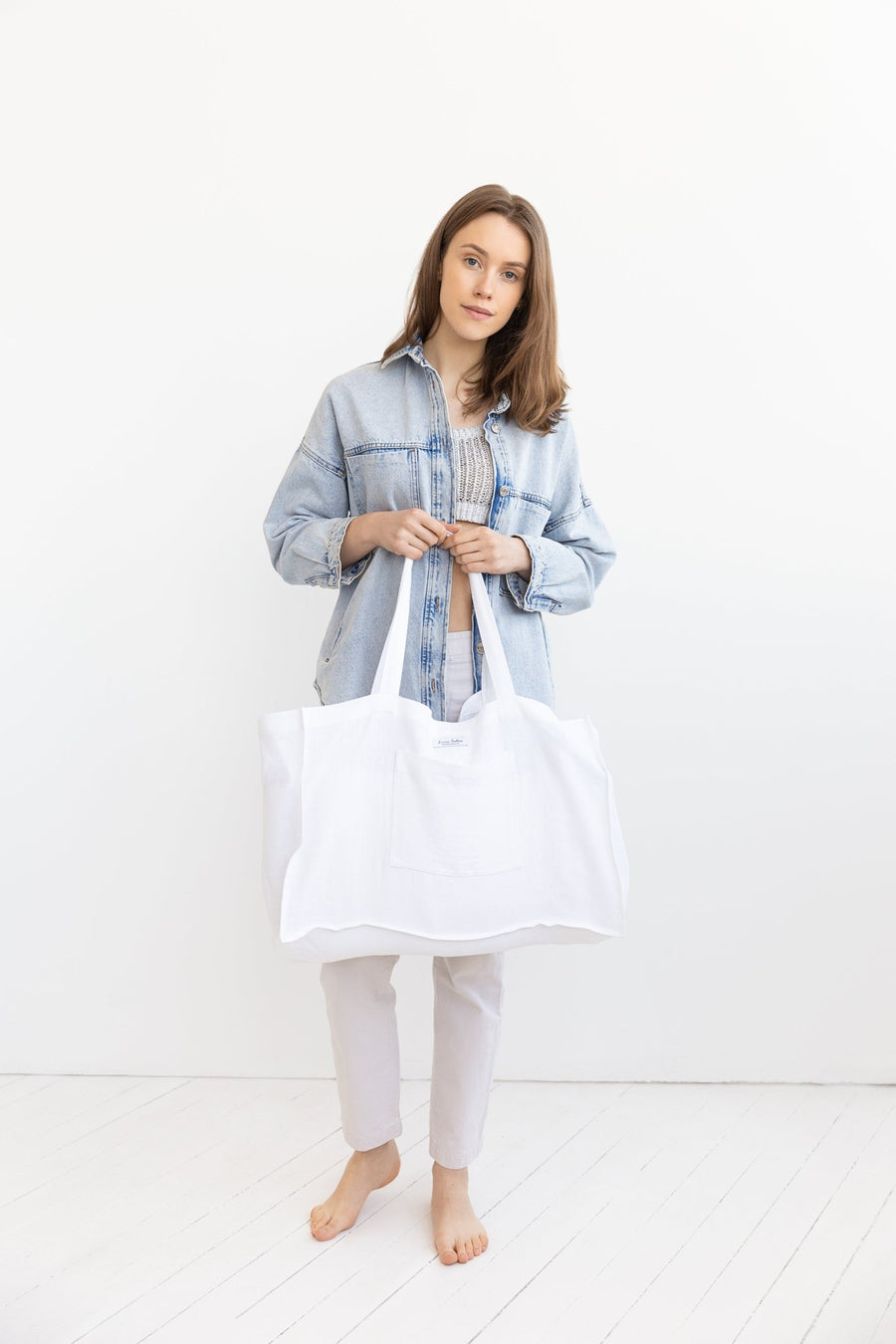 Double Cloth linen beach bag with pocket - Linen Couture
