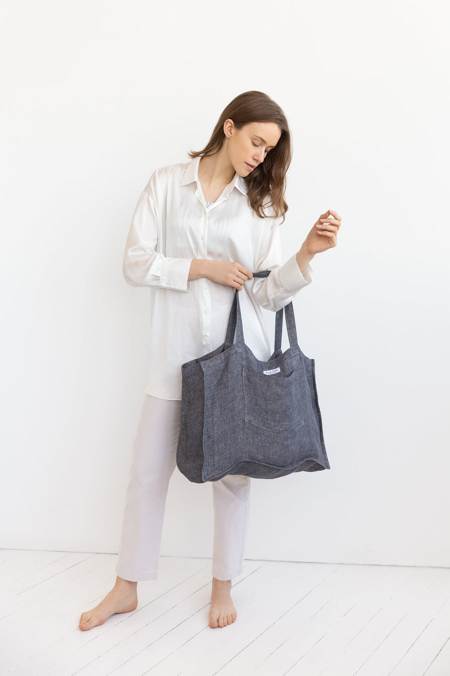 Double Cloth linen beach bag with pocket - Linen Couture