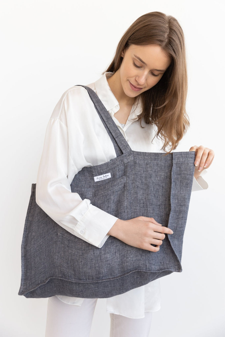 Double Cloth linen beach bag with pocket - Linen Couture