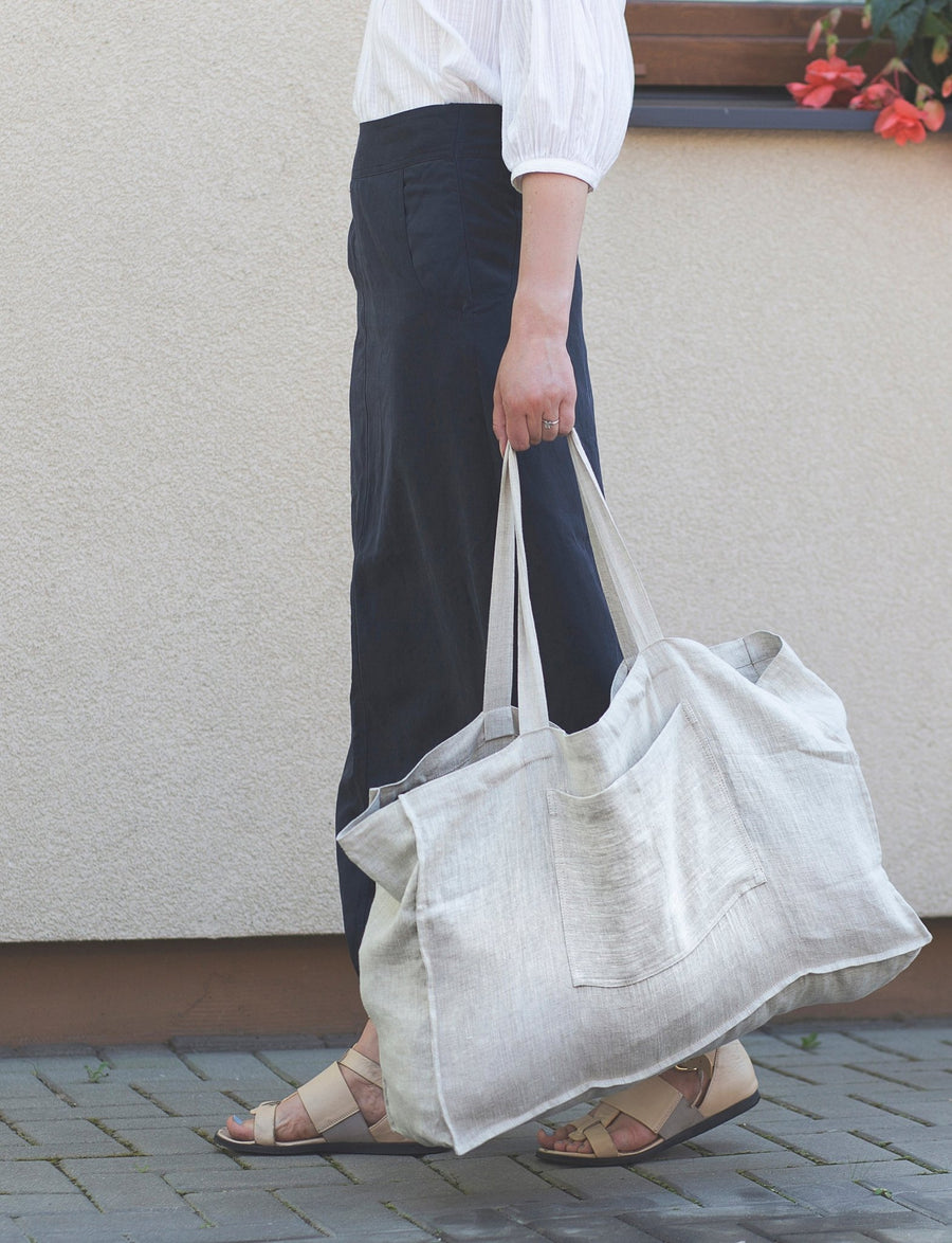 Double Cloth linen beach bag with pocket - Linen Couture