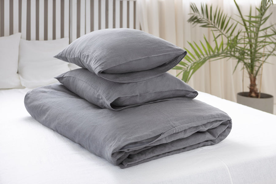 Grey linen bedding set with zipper - Linen Couture