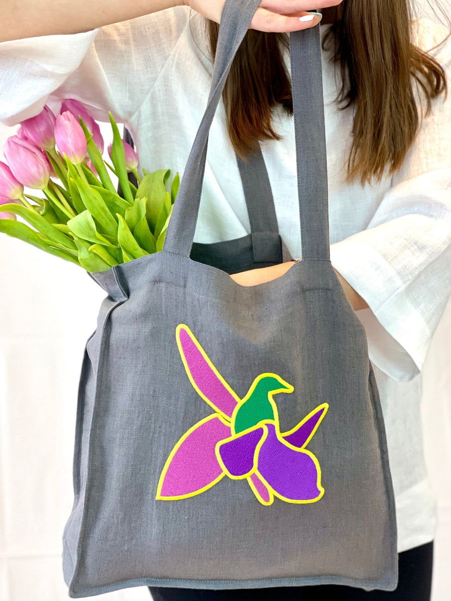 Grey Linen tote bag with embroidery - Linen Couture