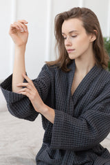 Grey linen waffle robe - Linen Couture