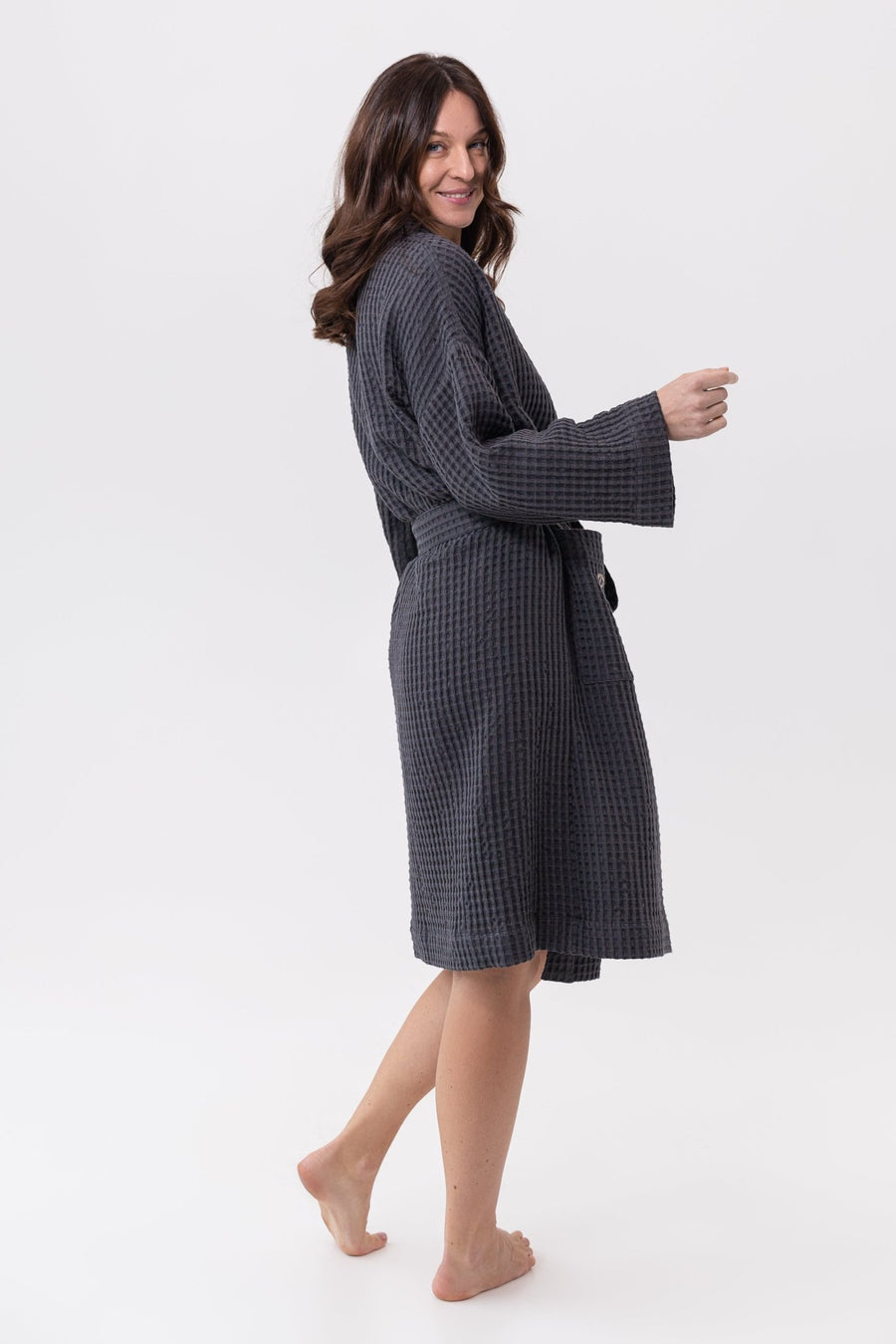 Grey linen waffle robe - Linen Couture