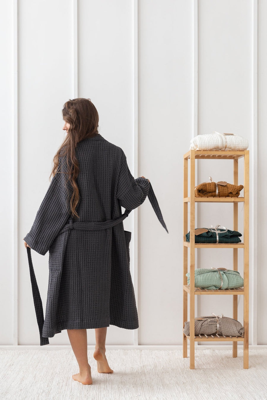 Grey linen waffle robe - Linen Couture